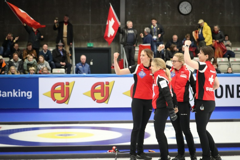 Switzerland celebrate making the final of the World Women's Curling Championships ©World Curling Federation 