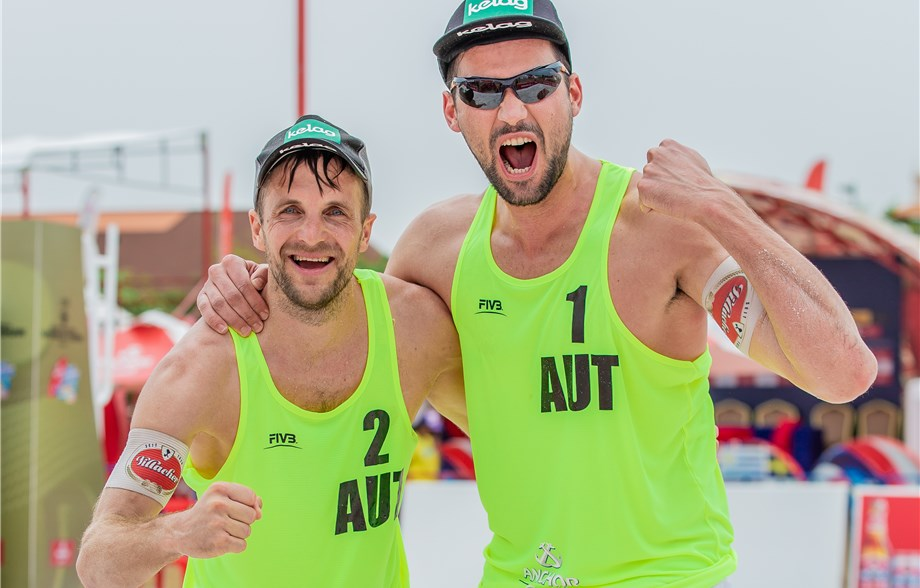 Austria’s Christophe Dressler and Alexander Huber topped the podium in Cambodia ©FIVB