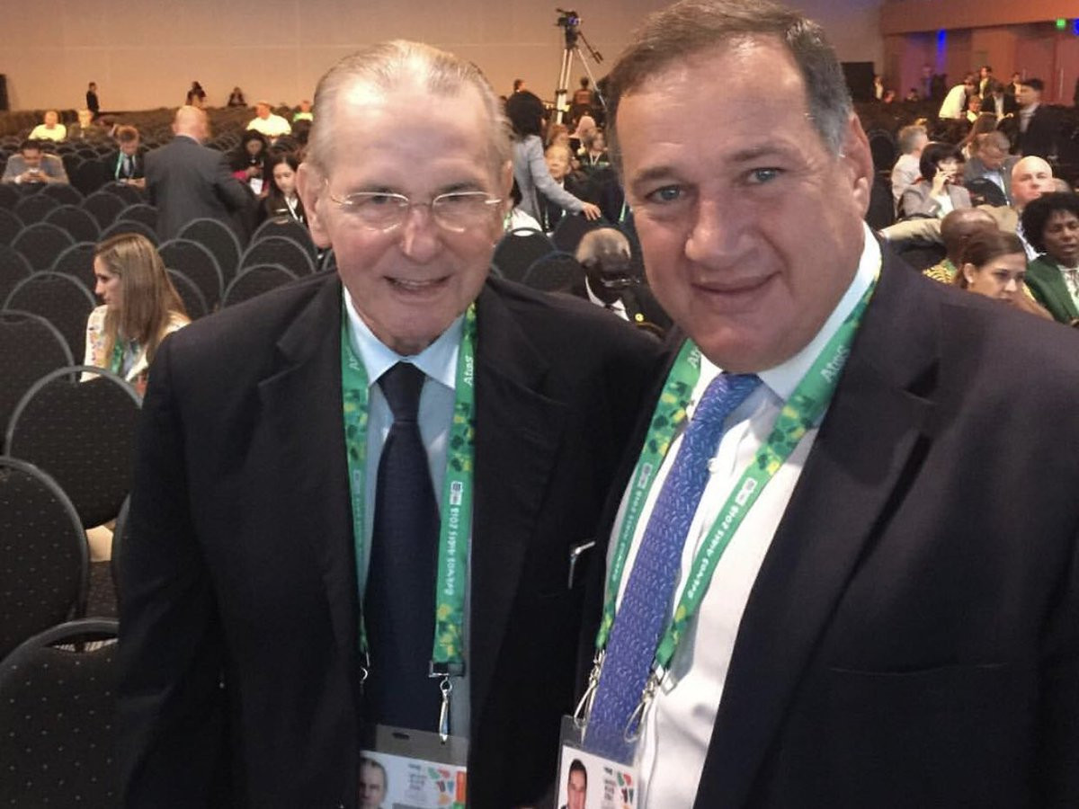 Hellenic Olympic Committee President Spyros Capralos, right, with former IOC President Jacques Rogge at the 2018 Session in Buenos Aires, would be expected to play a key role in helping to organise an event in Athens ©Twitter