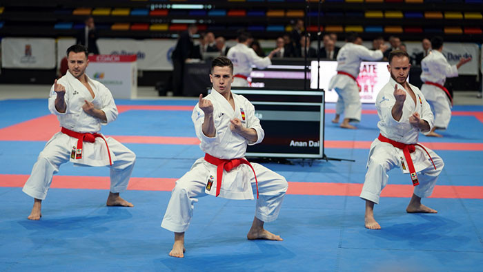 Spain men, pictured, and Spain women reached their respective team kata finals ©WKF