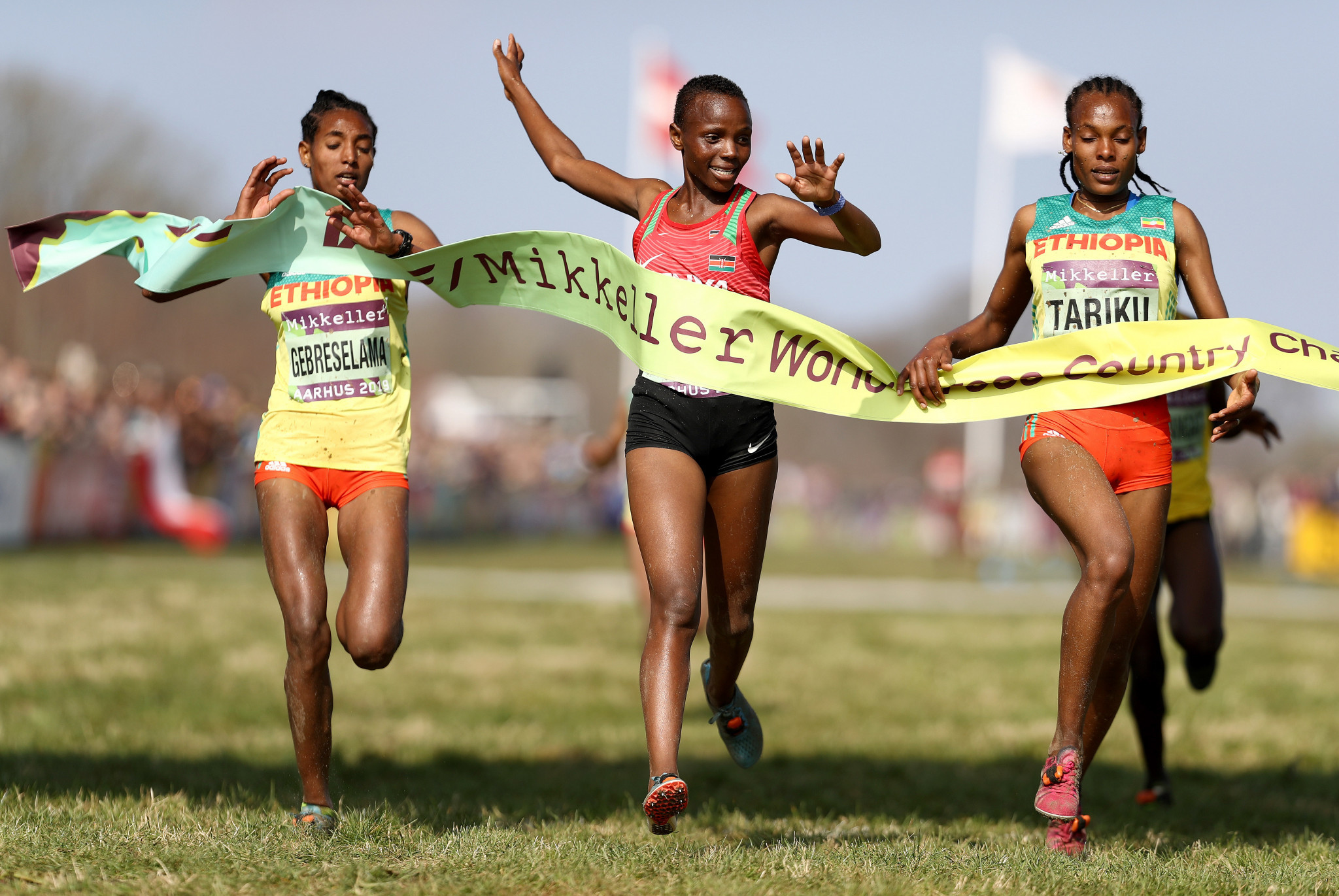 Beatrice Chebet, centre, was awarded victory in the women's under-20 event ©Getty Images