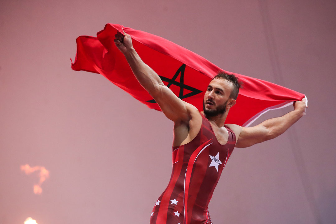 Morocco's Zied Ait Ouagram reached the top of an African podium for the 10th time with his 77kg title-winning performance ©UWW/Kadir Caliskan