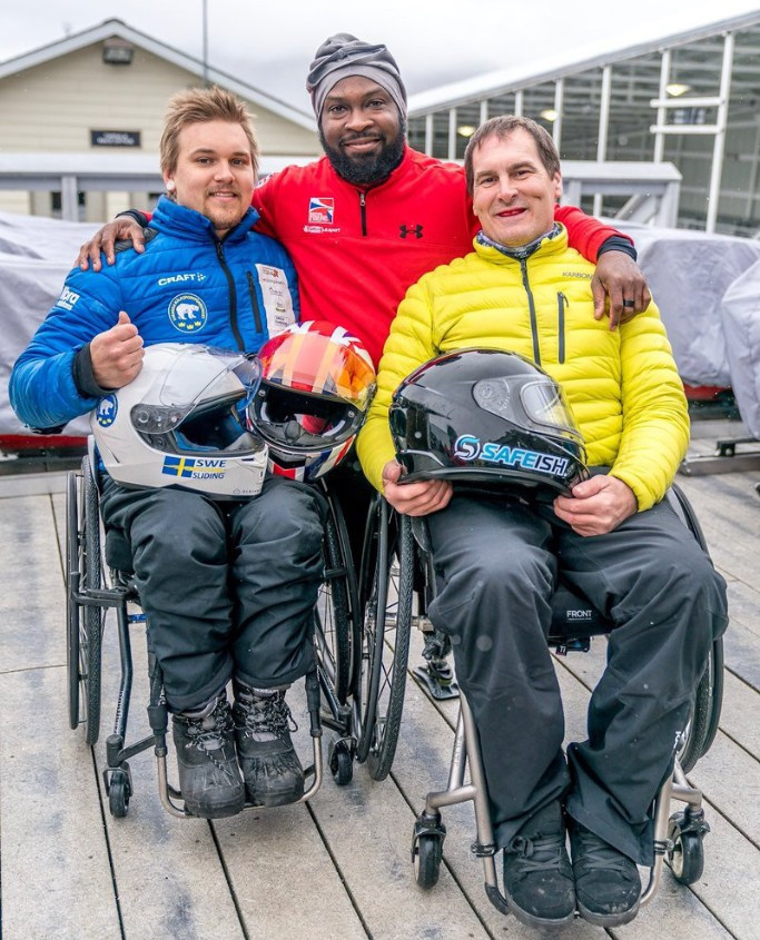 Canada's Lonnie Bissonette, right, won the IBSF Para-Sport World Championships in Lake Placid, with Great Britain's Corie Mapp second and Sweden's Sebastian Westin in third ©IBSF