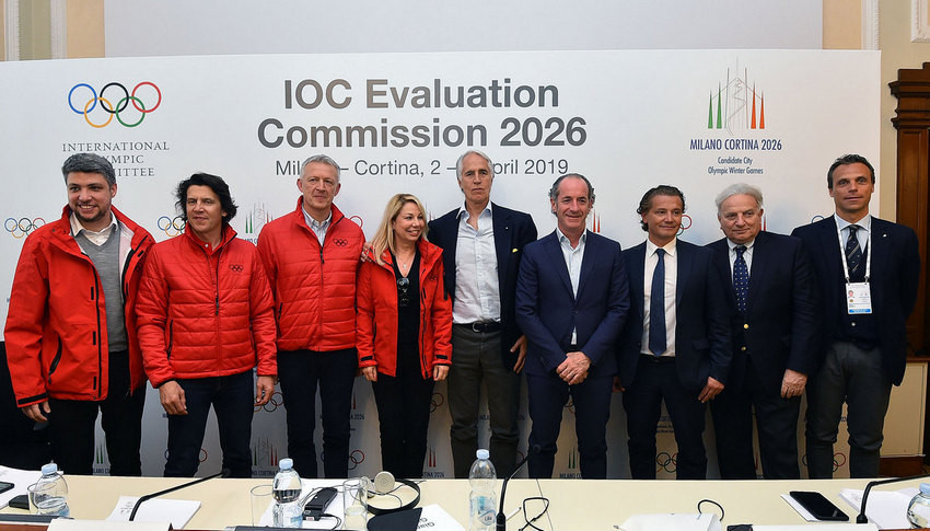 The IOC Evaluation Commission, head by Romania's Octavian Morariu, third left, is due to officially begin its inspection of Italy's bid to host the 2026 Winter Olympic and Paralympic Games by visiting Cortina d'Ampezzo ©CONI