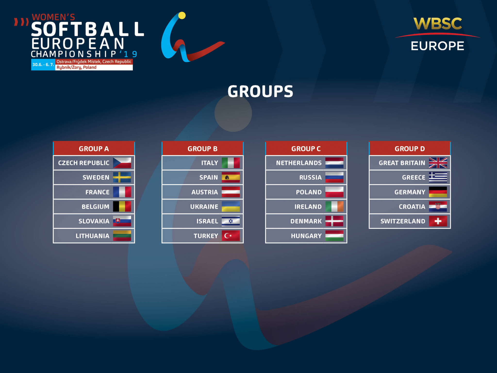 The groups and schedule for the 2019 Softball Women’s European Championship has been released ©Softball Women's European Championships