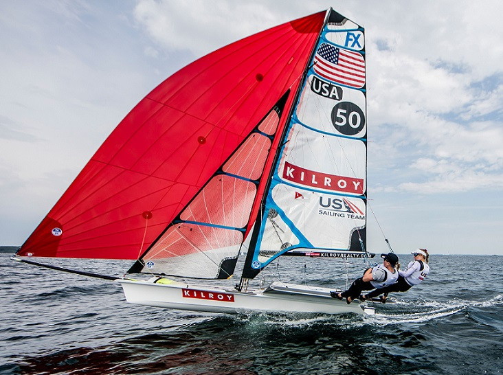Kilroy Realty Corporation sponsors Stephanie Roble and Maggie Shea, a 49erFX double-handed pair on the US Sailing Team ©Sailing Energy/US Sailing