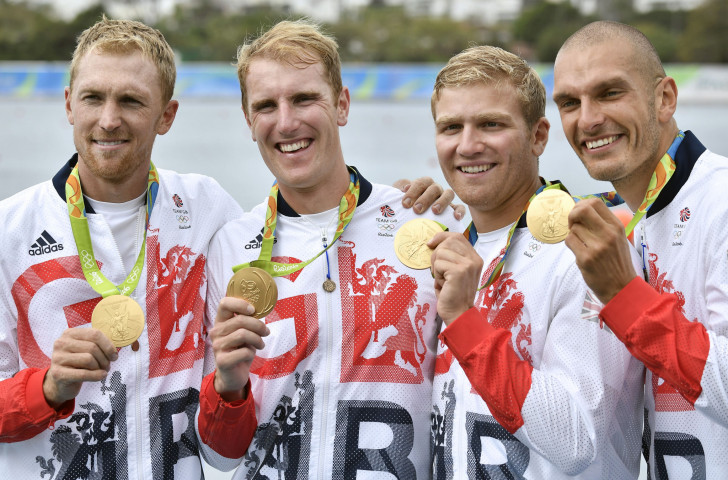 Alex Gregory, left, celebrates his second Olympic coxless fours gold medal at Rio 2016 alongside, from left, George Nash, Constantine Louloudis and Moe Sbihi ©Getty Images