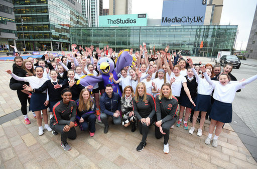 Home Nations players and coaches join local schoolgirls in Salford to mark the 100-days-to-go milestone before the Netball World Cup starts in Liverpool ©NWC2019