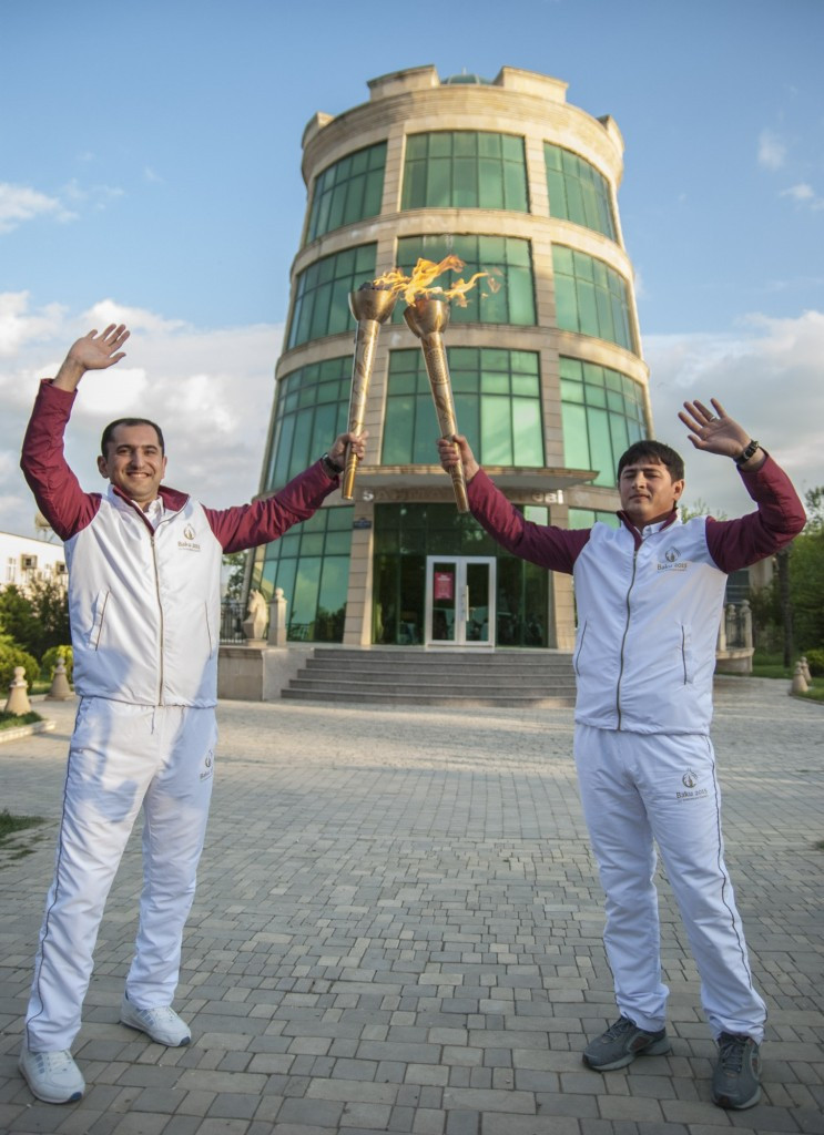 Baku 2015 torchbearers Elchin Huseynov and Anar Istamov in Jalilabad