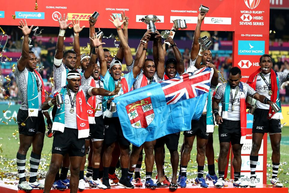 Fiji celebrate a record fifth victory at the World Rugby Hong Kong Sevens ©World Rugby