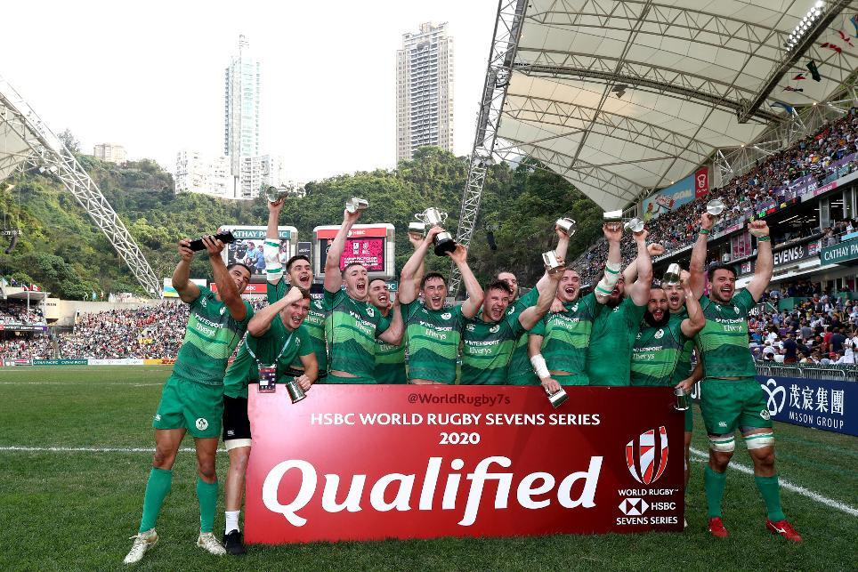 Ireland celebrate winning the qualification tournament at Hong Kong Stadium which earned them a place in next year's World Rugby Sevens Series ©World Rugby