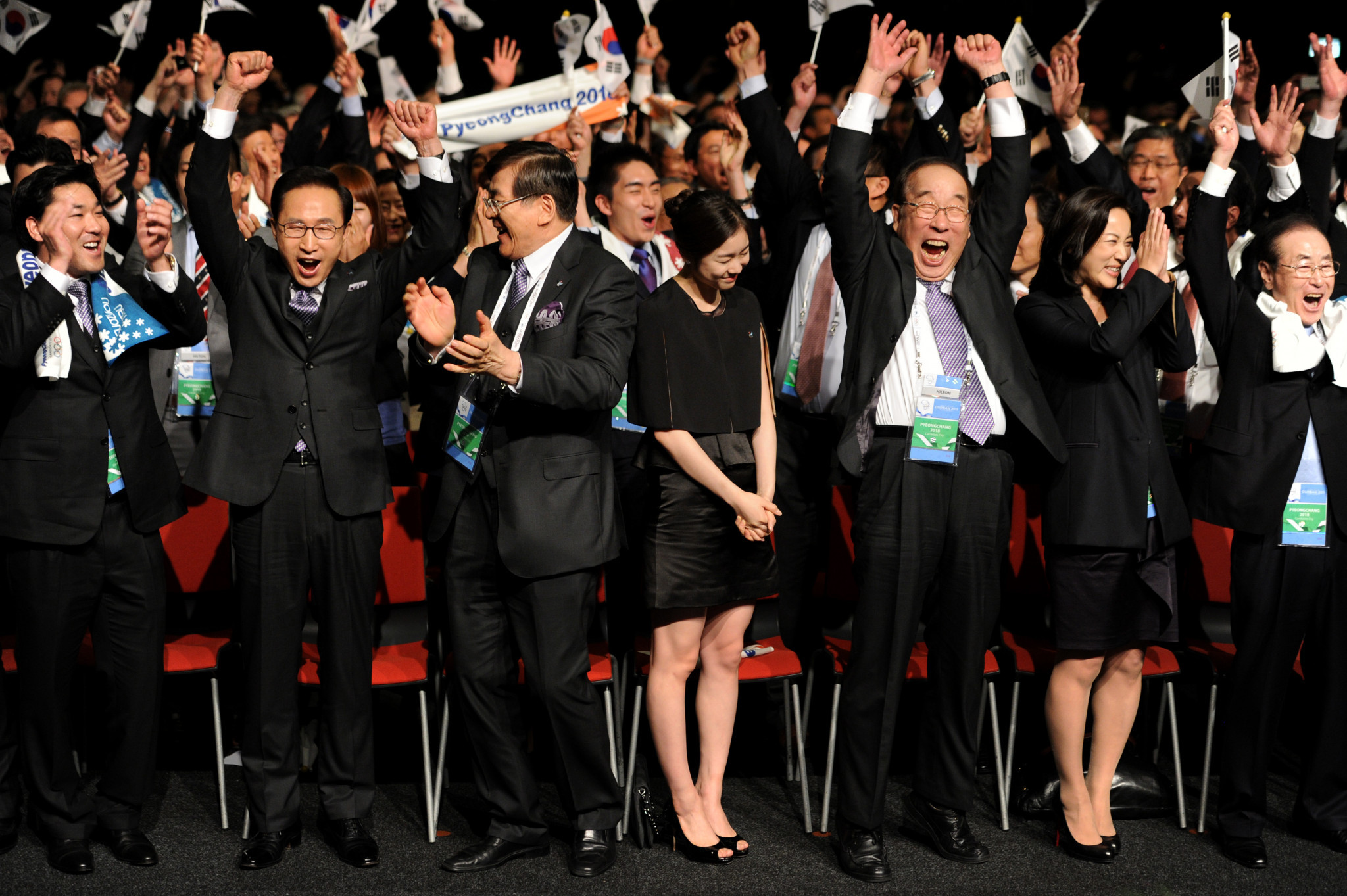 Yang Ho Cho, third left, celebrates in Durban in 2011 after it was announced that Pyeongchang had been awarded the 2018 Winter Olympic and Paralympic Games ©Getty Images