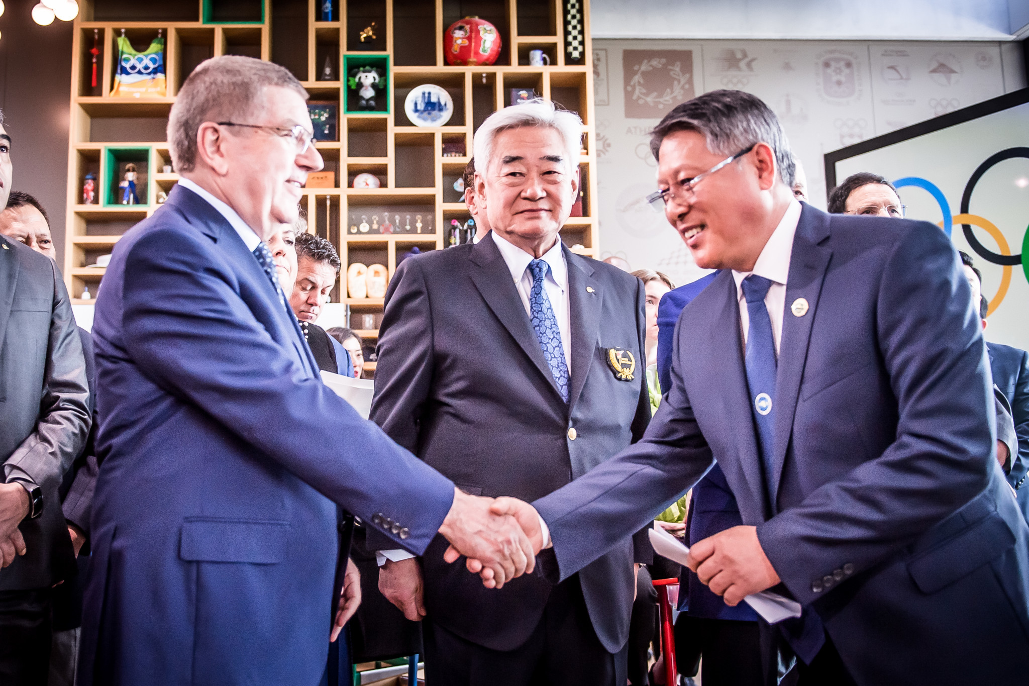 IOC President Thomas Bach, WT President Choue Chung-won and ITF President Ri Yong-son were present at the joint demonstration ©World Taekwondo