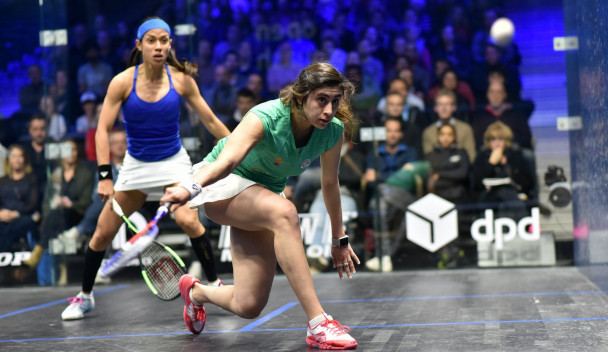 Egypt's world champion Nour El Sherbini, right, en route to a second-round victory in the DPD Open in Eindhoven against eight-times world champion Nicol David of Malaysia ©PSA