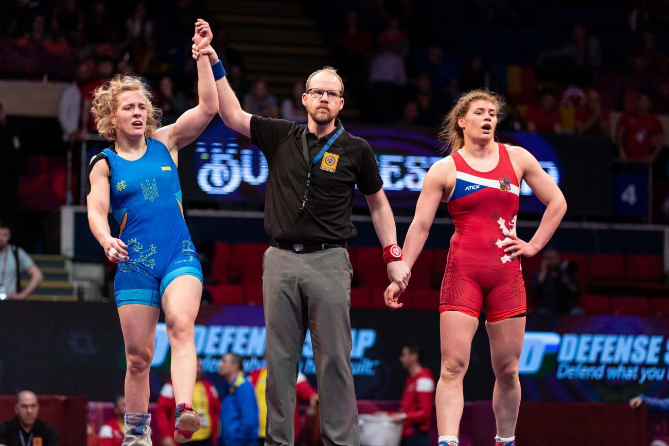Alla Cherkasova was one of Ukraine's three winners on the first day of women's finals at the European Wrestling Championships in Bucharest ©UWW