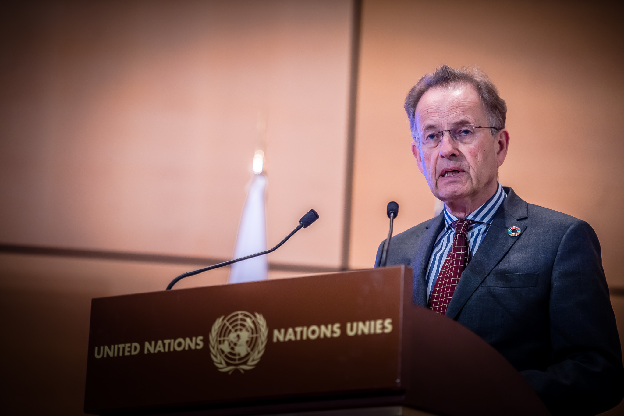 United Nations Geneva director general Michael Moller gave a welcoming speech at the joint demonstration at the United Nations Office at Geneva ©World Taekwondo