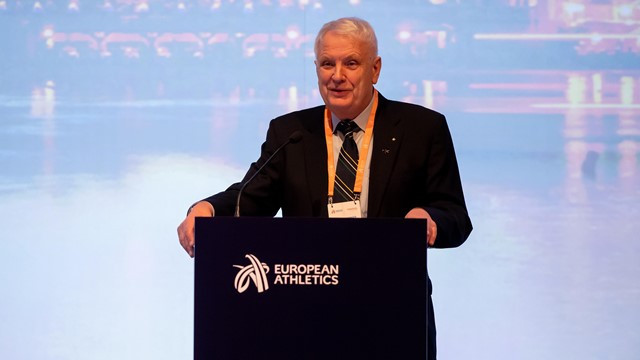 Svein Arne Hansen pictured addressing the European Athletics Congress in Prague today after being re-elected unopposed for his third term of office as President, which runs for the next four years ©European Athletics 