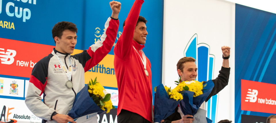Mexico's Manuel Padilla celebrates victory at the UIPM World Cup in Sofia alongside Britain's silver medallist Joseph Choong, left, and Germany's Fabian Liebig ©UPM