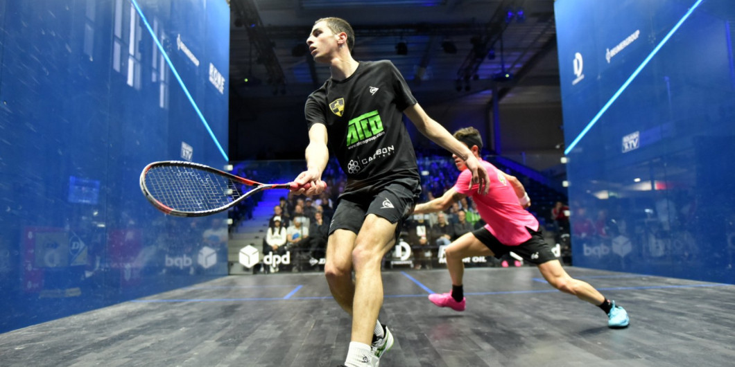 Egypt's world squash champion Ali Farag en route to victory in the semi-final of the DPD Open in Eindhoven against Germany's Simon  Rösner ©PSA