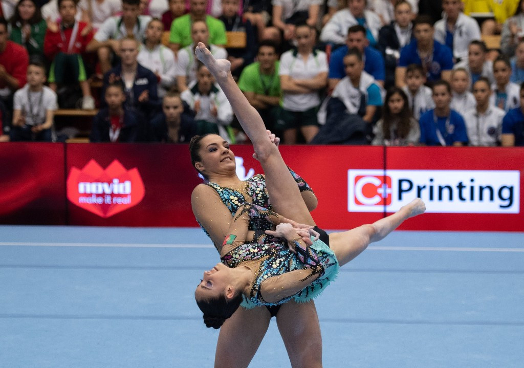 Portugal's Rita Ferreira and Ana Teixeira maintained their lead in the women's pairs event at the FIG Acrobatic World Cup in Puurs ©Facebook