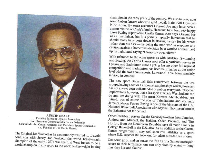 Sir Austin Sealy, originator of the CARIFTA Games that have their 48th running next weekend, pictured in the event programme for 1985 ©AustinSealy