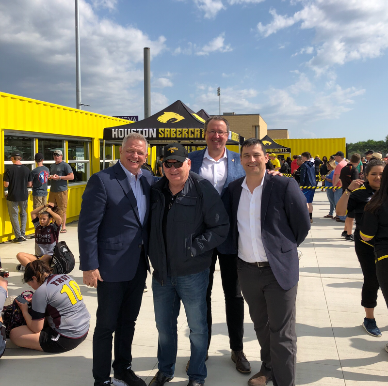 MLR Commissioner Dean Howes, Houston SaberCats director of team and league affairs Jeremy Turner, USA Rugby chief executive Ross Young and MLR deputy commissioner Nic Benson were pictured last weekend at Houston SaberCats' new AVEVA Stadium ©MLR
