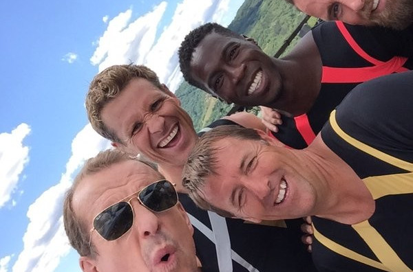 Professor Greg Whyte (bottom left) takes a selfie of himself with iTV's Eternal Glory competitors (clockwise) James Cracknell, Christian Malcolm, Shane Williams and Matthew Le Tissier ©Twitter (@gpwhyte)
