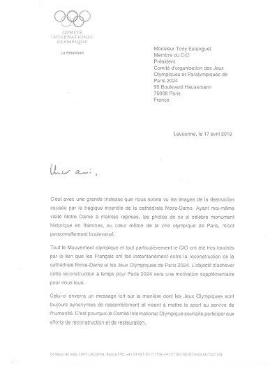 IOC President Thomas Bach made the pledge in a letter to Paris 2024 counterpart Tony Estanguet ©IOC