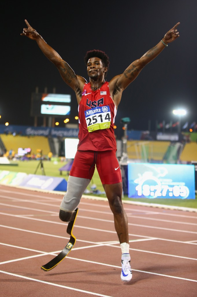 Richard Browne celebrates after sealing 100m glory today ©Getty Images