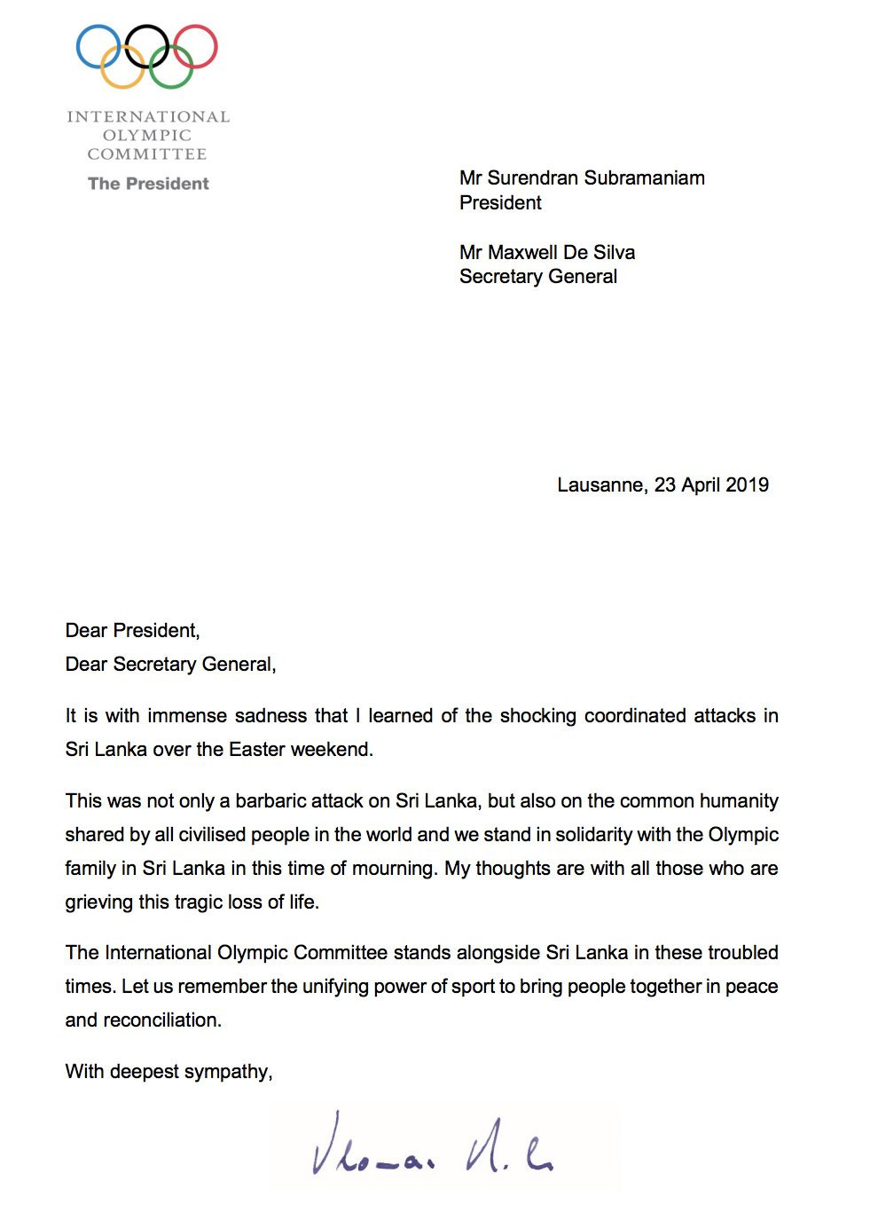 IOC President Thomas Bach has written a letter to the NOC of Sri Lanka to express the organisation's sympathy ©IOC