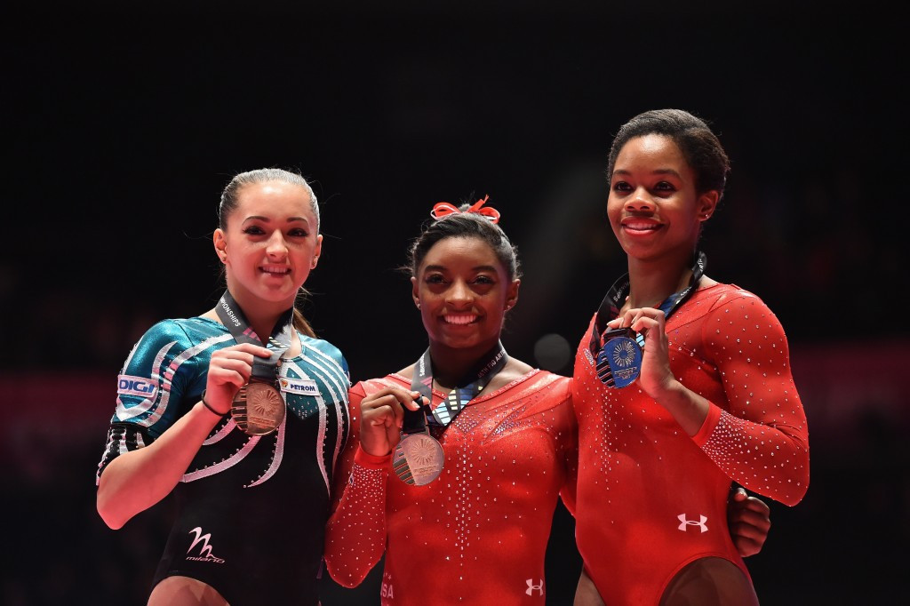 Simone Biles of the United States claimed her third consecutive women's all-around title today ©Getty Images