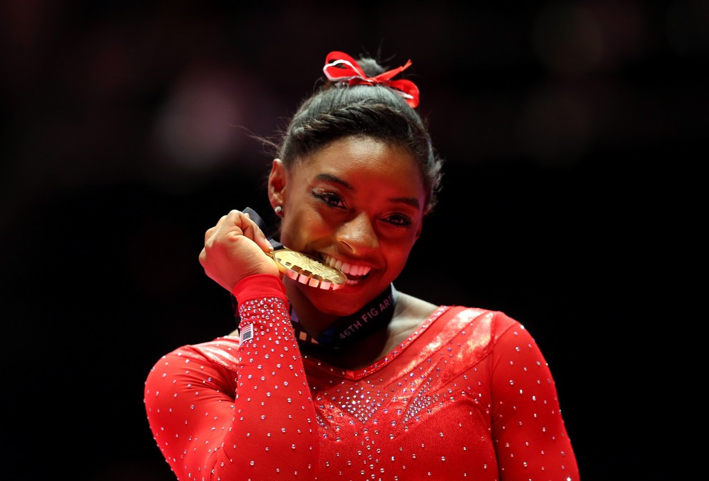 Simone Biles became the first woman to win three straight all-around world titles ©Getty Images
