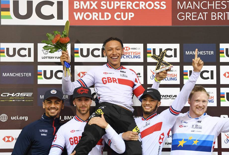 Britain's Kye Whyte celebrates his first World Cup BMX Supercross title in Manchester ©British Cycling