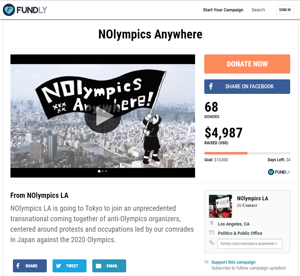 NOlympicsLA have launched a fundraising campaign to attend a series of anti-Olympic events in Tokyo ©Fundly