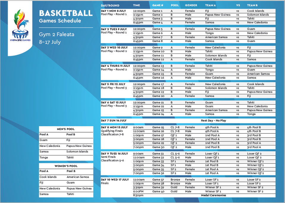 The full basketball schedule for the Samoa 2019 Pacific Games ©Samoa 2019