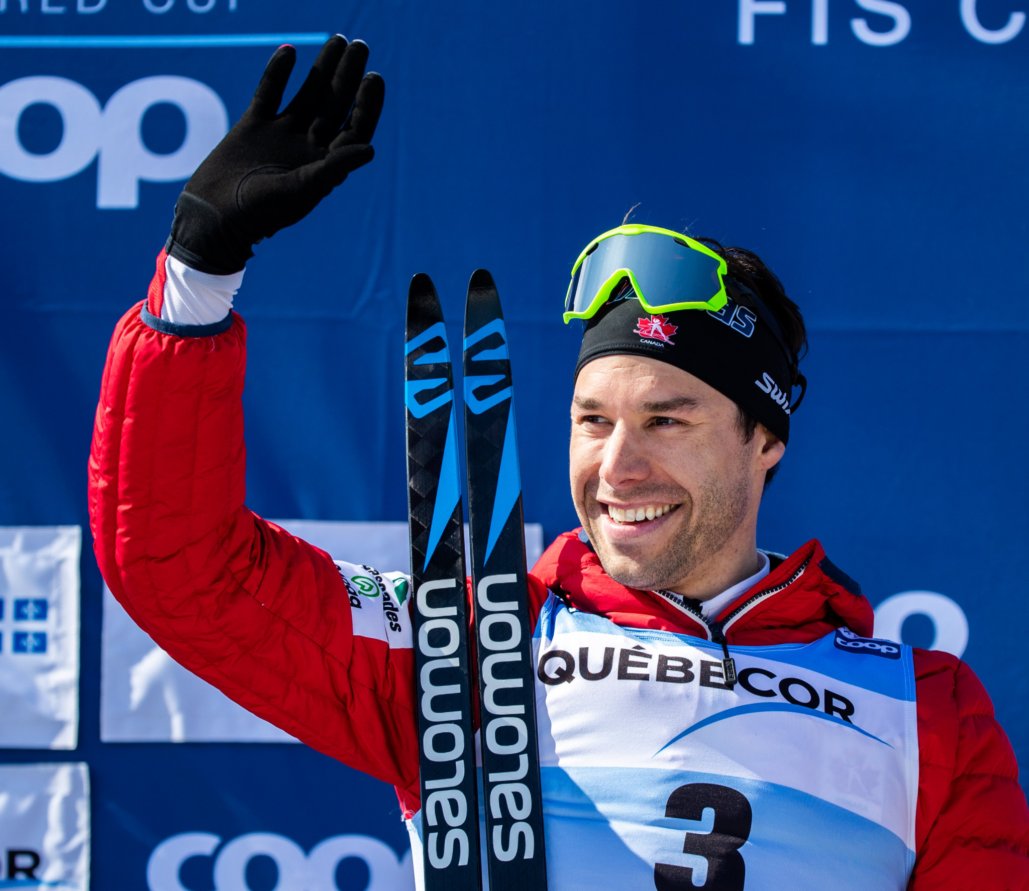 Canada's retired cross-country skier Alex Harvey, pictured on the World Cup Final podium last month, has received the coveted John Semmelink memorial award ©Getty Images