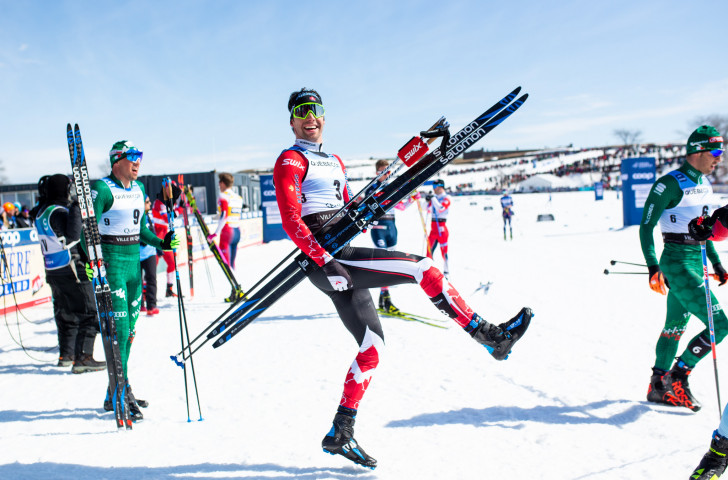 Alex Harvey of Canada celebrates in the finish area after signing off his career with silver in the men's 15km freestyle pursuit during the FIS Cross Country Ski World Cup Final in Quebec last month ©Getty Images 