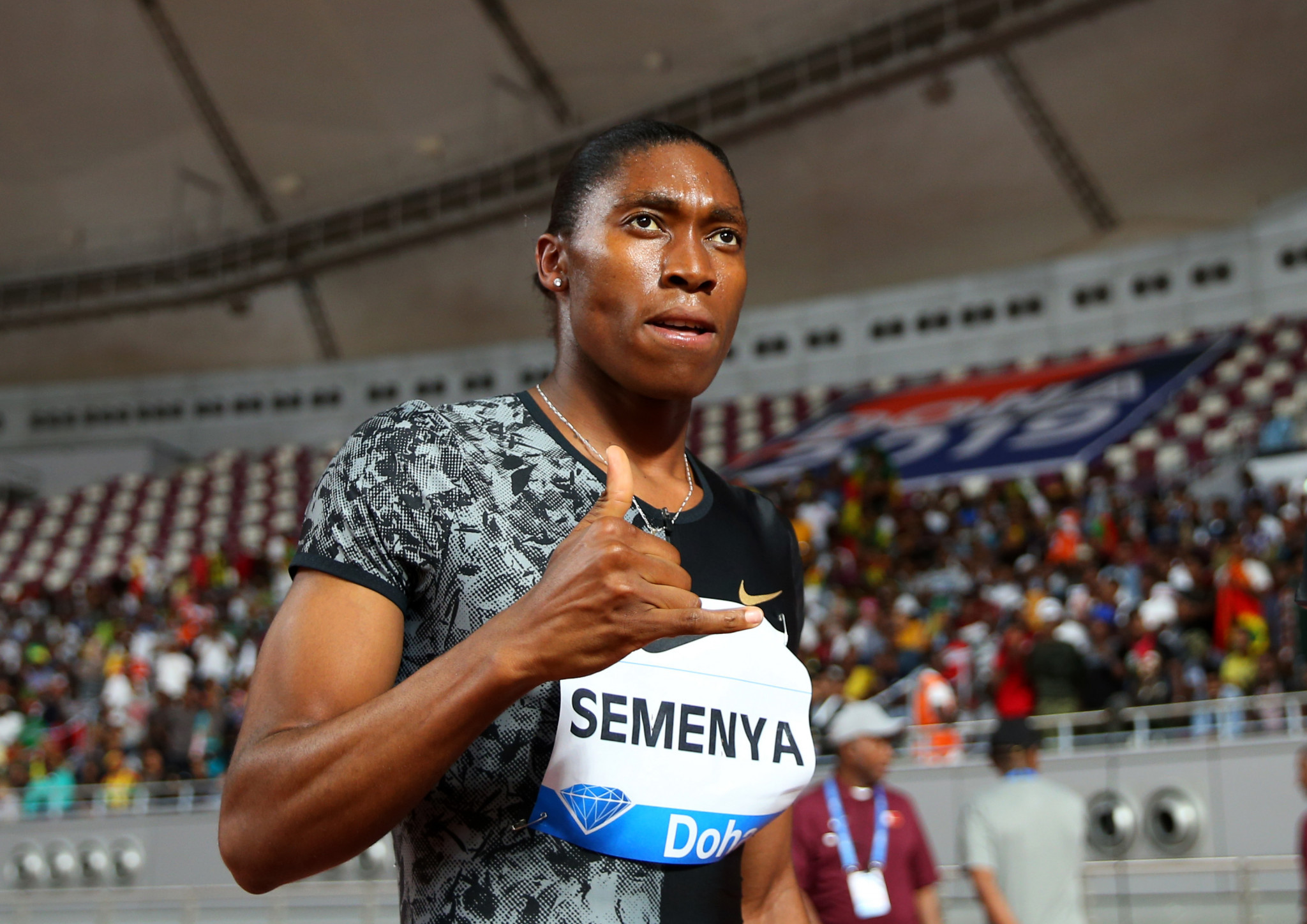 Caster Semenya celebrates setting an 800m meeting record at the IAAF Diamond League in Doha tonight ©Getty Images