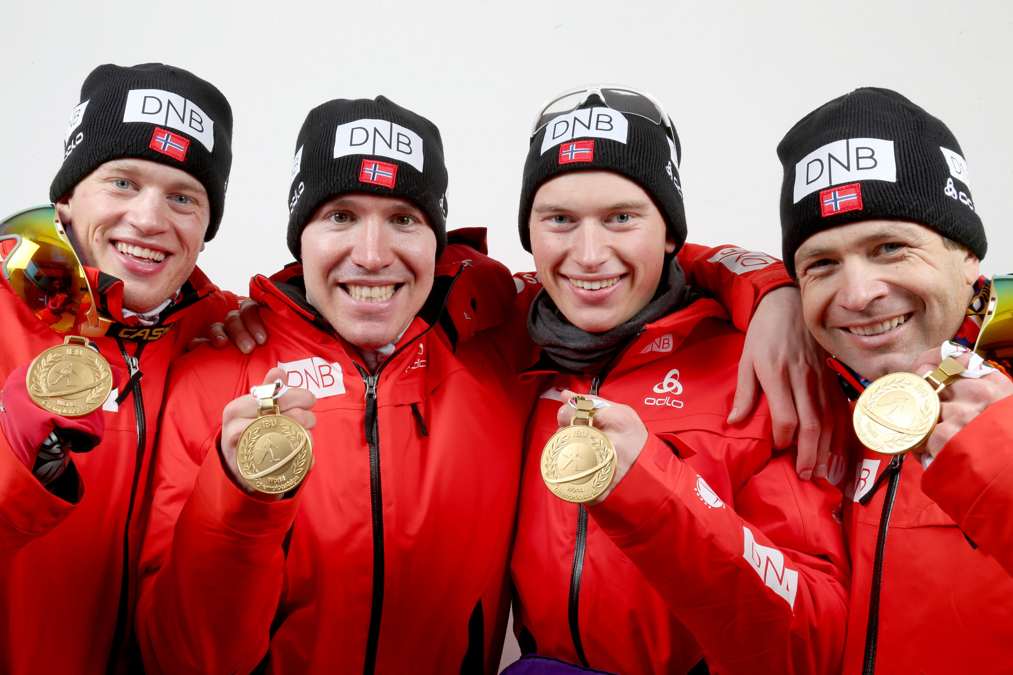 Henrik L'Abee-Lund, second left, was part of Norway's team that won the gold medal at the 2013 World Championships in the 4x7.5km relay in Nove Mesto ©Getty Images