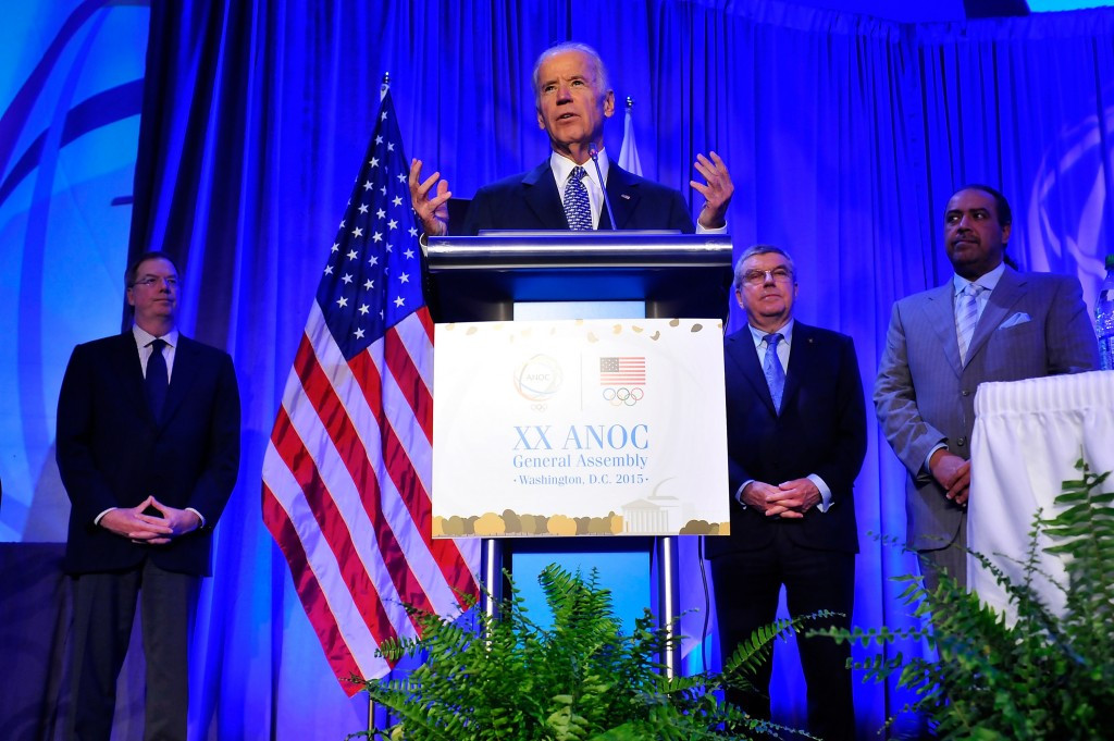 United States' Vice-President Biden praises Los Angeles during surprise ANOC General Assembly visit