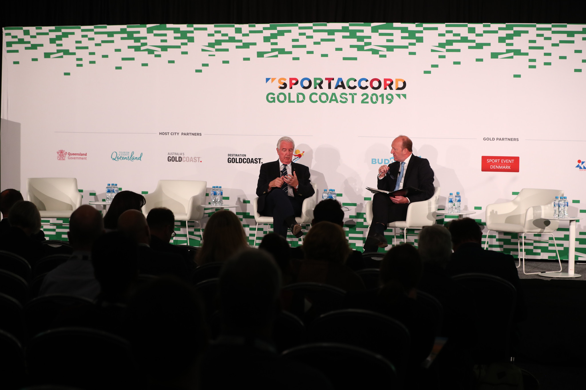 WADA President Sir Craig Reedie, left, took part in what was billed as a fireside chat with moderator David Eades during LawAccord ©Getty Images