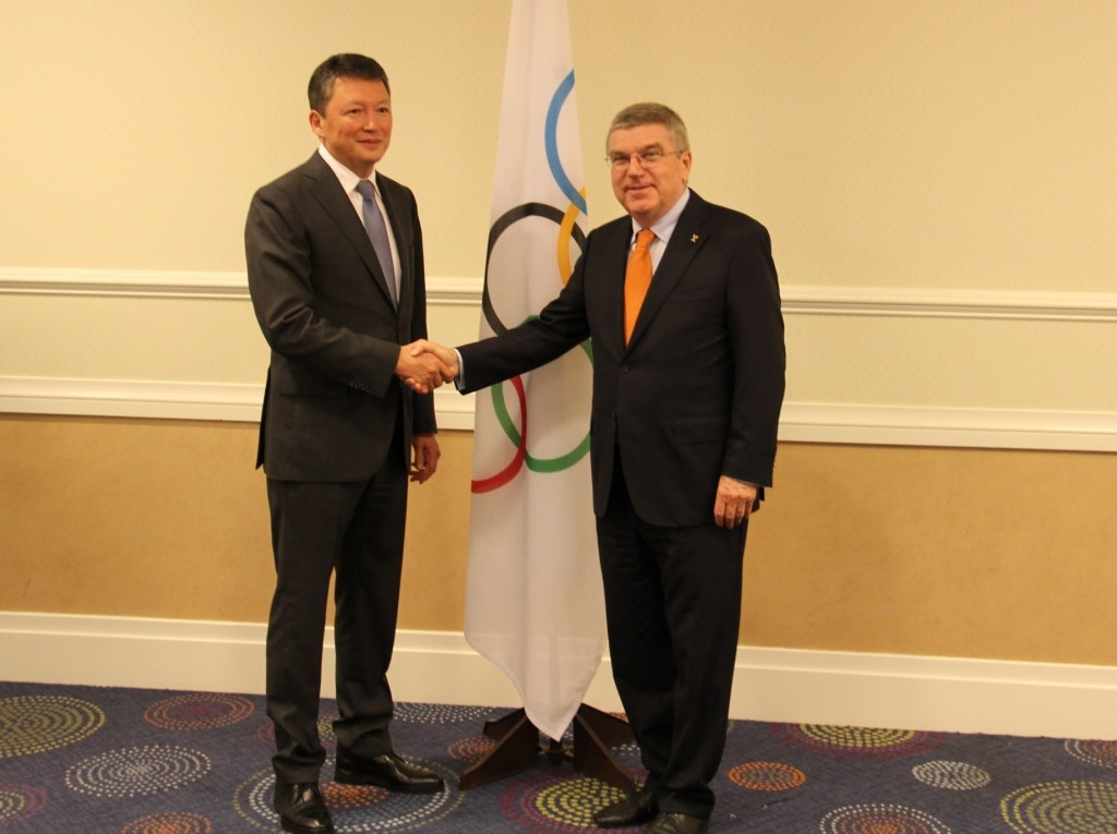 National Olympic Committee of the Republic of Kazakhstan President Timur Kulibayev meeting IOC counterpart Thomas Bach in Washington D.C. ©NOC-ROK