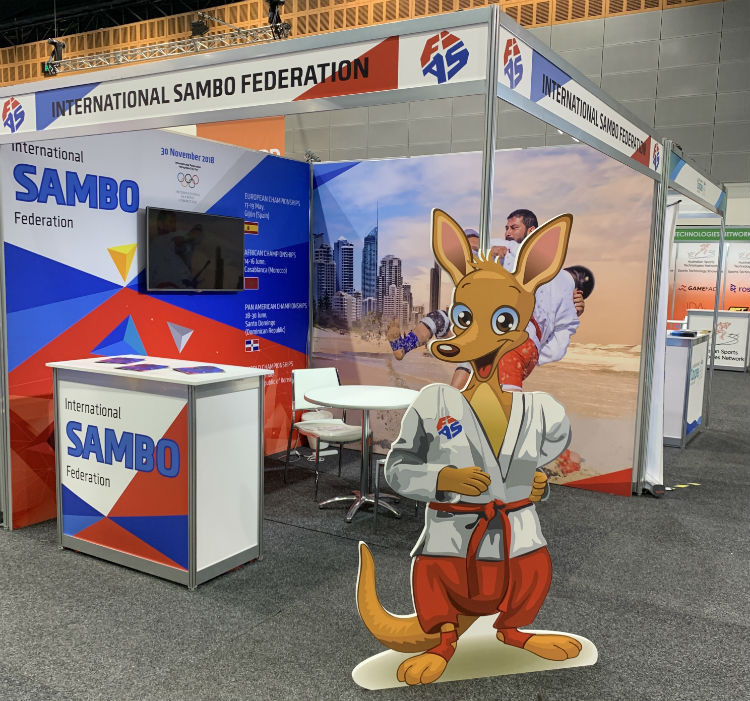 The International Sambo Federation had a visible presence at this year's SportAccord Summit in the Gold Coast, including a kangaroo dressed in a sambo outfit ©FIAS