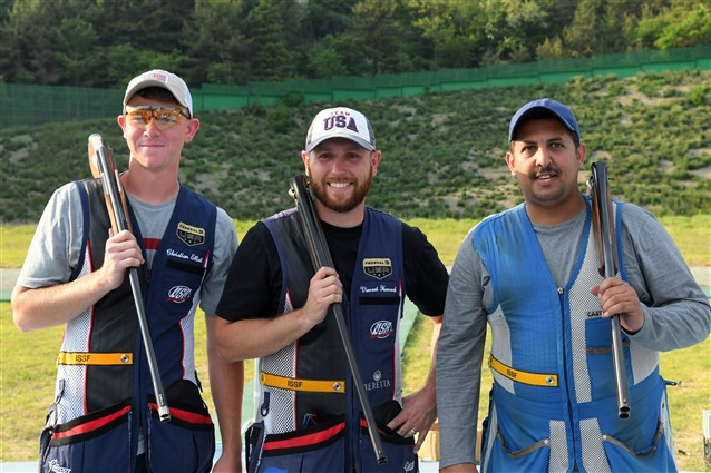 Vincent Hancock, centre, reflects on his men's skeet win at the ISSF Shotgun World Cup in Changwon ahead of US team-mate Christian Elliott, left, and bronze medallist Mansour Al Rashedi of Kuwait ©ISSF