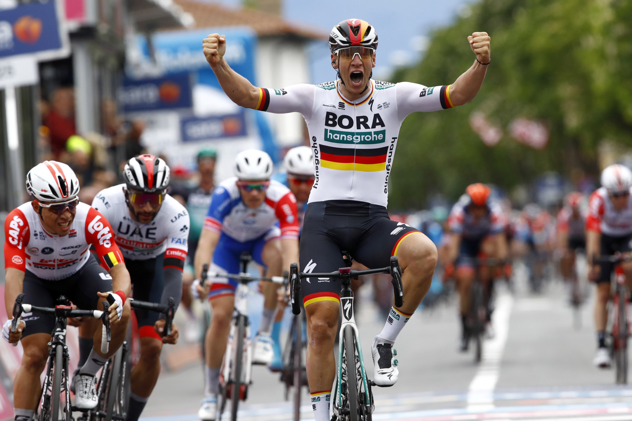 Germany's Pascal Ackermann celebrates victory in the second stage of the Giro d'Italia today ©Getty Images