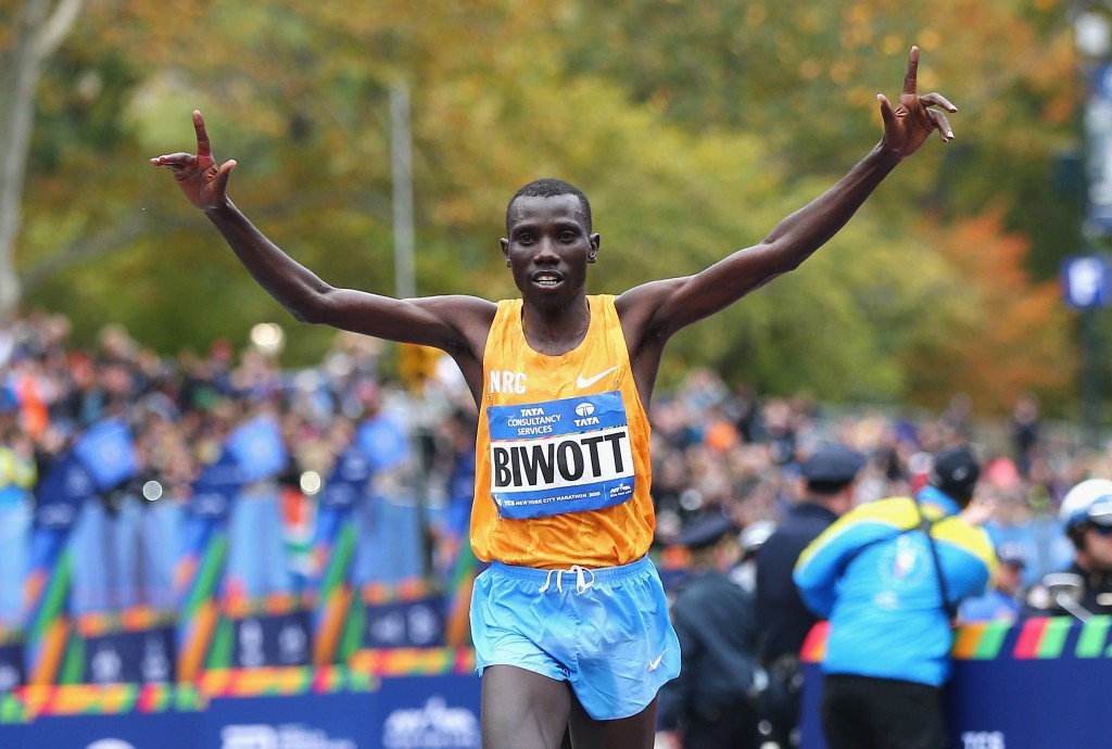 Stanley Biwott crosses the line to win the New York City Marathon today ©Getty Images