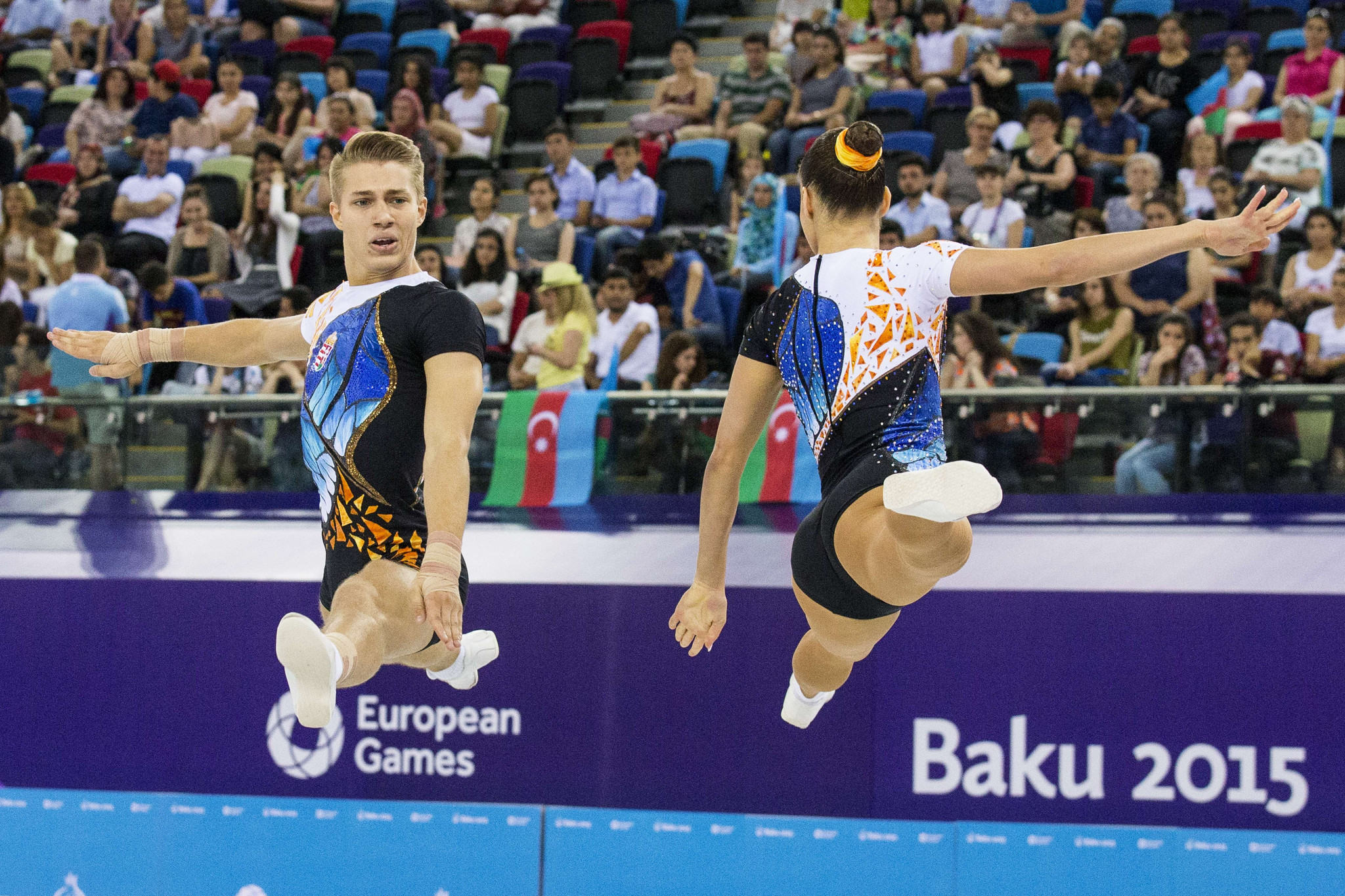 Hungary's Daniel Bali, left, competing in the mixed pair, will be seeking to add to his collection of gold medals at this weekend's Aerobic Gymnastics European Championships in Baku ©Getty Images