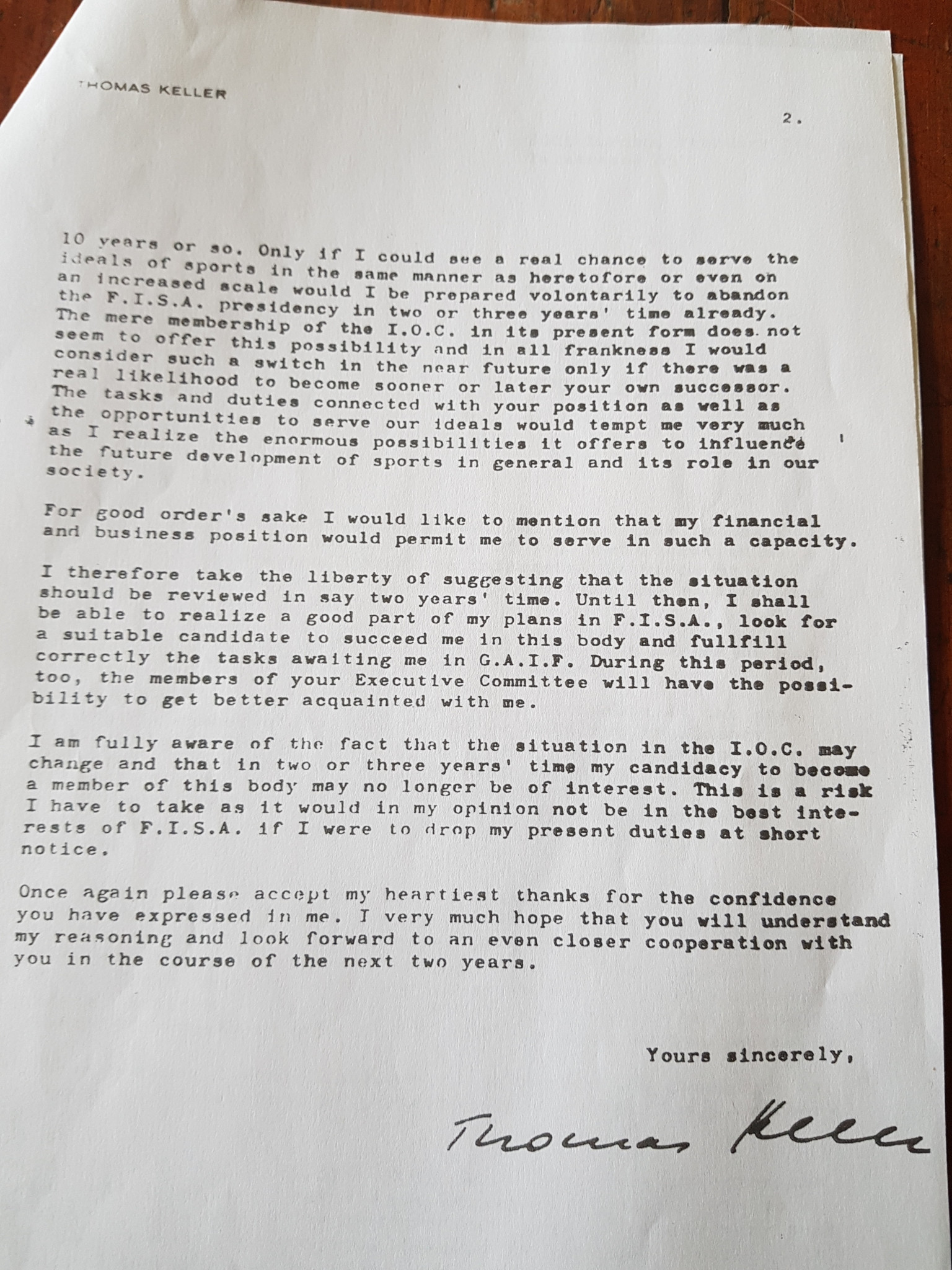 A letter written by Thomi Keller to Avery Brundage ©David Owen
