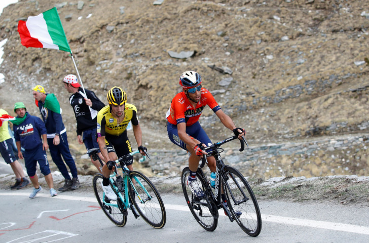 Primož Roglič, left, lost ground in his chase for the pink Giro d'Italia leader's jersey held by Richard Carapaz after crashing during today's 15th stage ©Getty Images