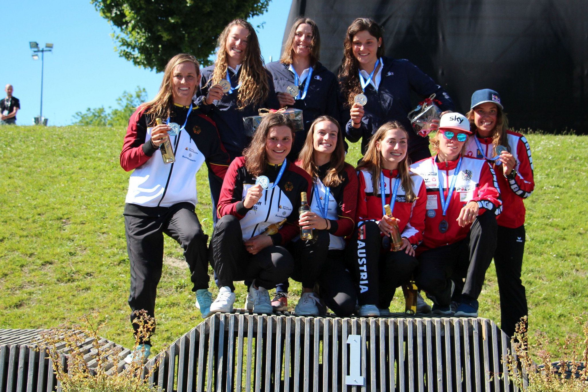 French trio Marie-Zelia Lafont, Lucie Baudu and Camille Prigent topped the podium at the European Canoe Association European Canoe Slalom Championships in Pau, France ©ECA